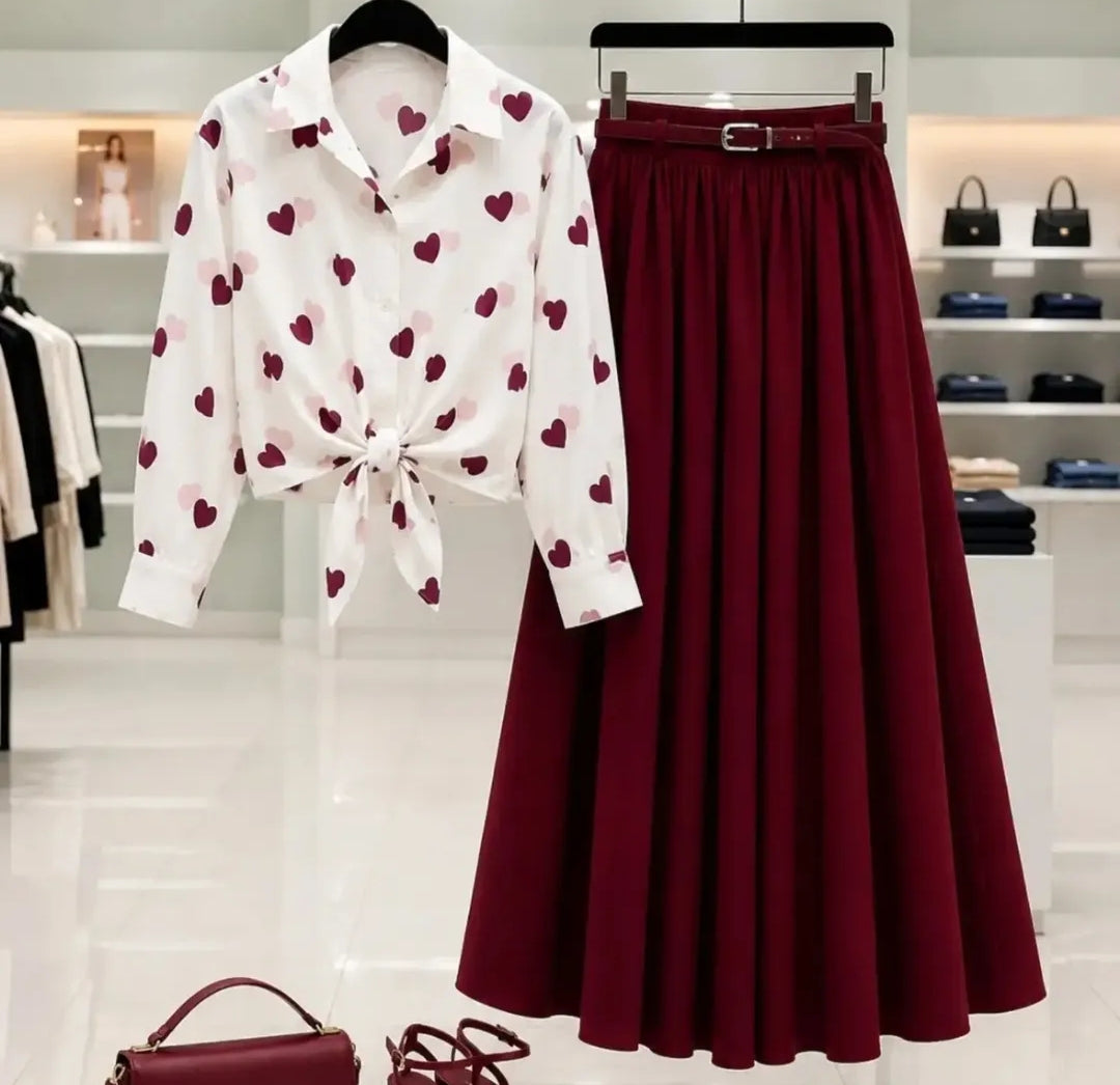 Trendy Heart Print Girls Co-Ord Set – Korean Style Button-Up Top & Flared Maxi Skirt