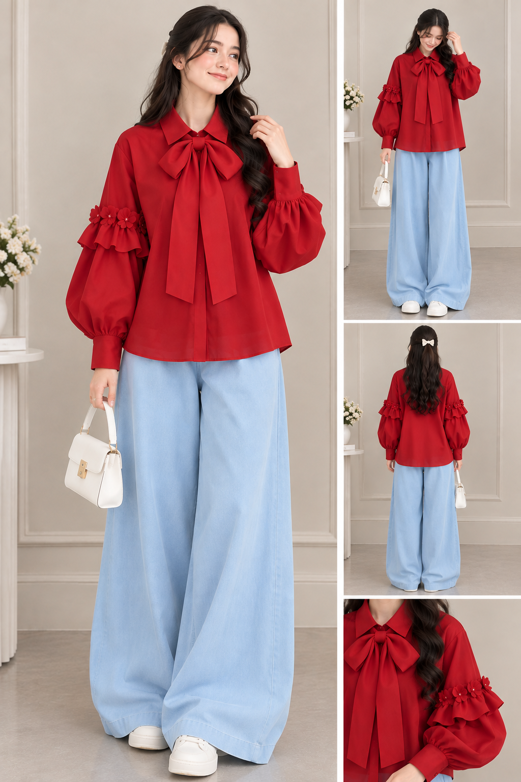 Girls Bow Detail Balloon Sleeve Blouse & Wide-Leg Pants Set