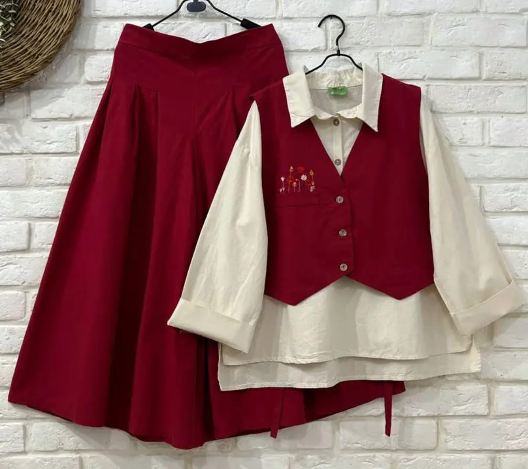 Trendy 3-Piece Skirt, Shirt & Waistcoat Set – Stylish & Elegant Outfit