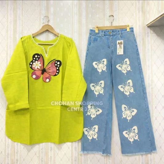 Beautiful Butterfly Top and Jeans Pants - Chohan Shopping Center
