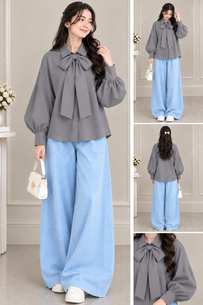 Girls Bow Detail Balloon Sleeve Blouse & Wide-Leg Pants Set