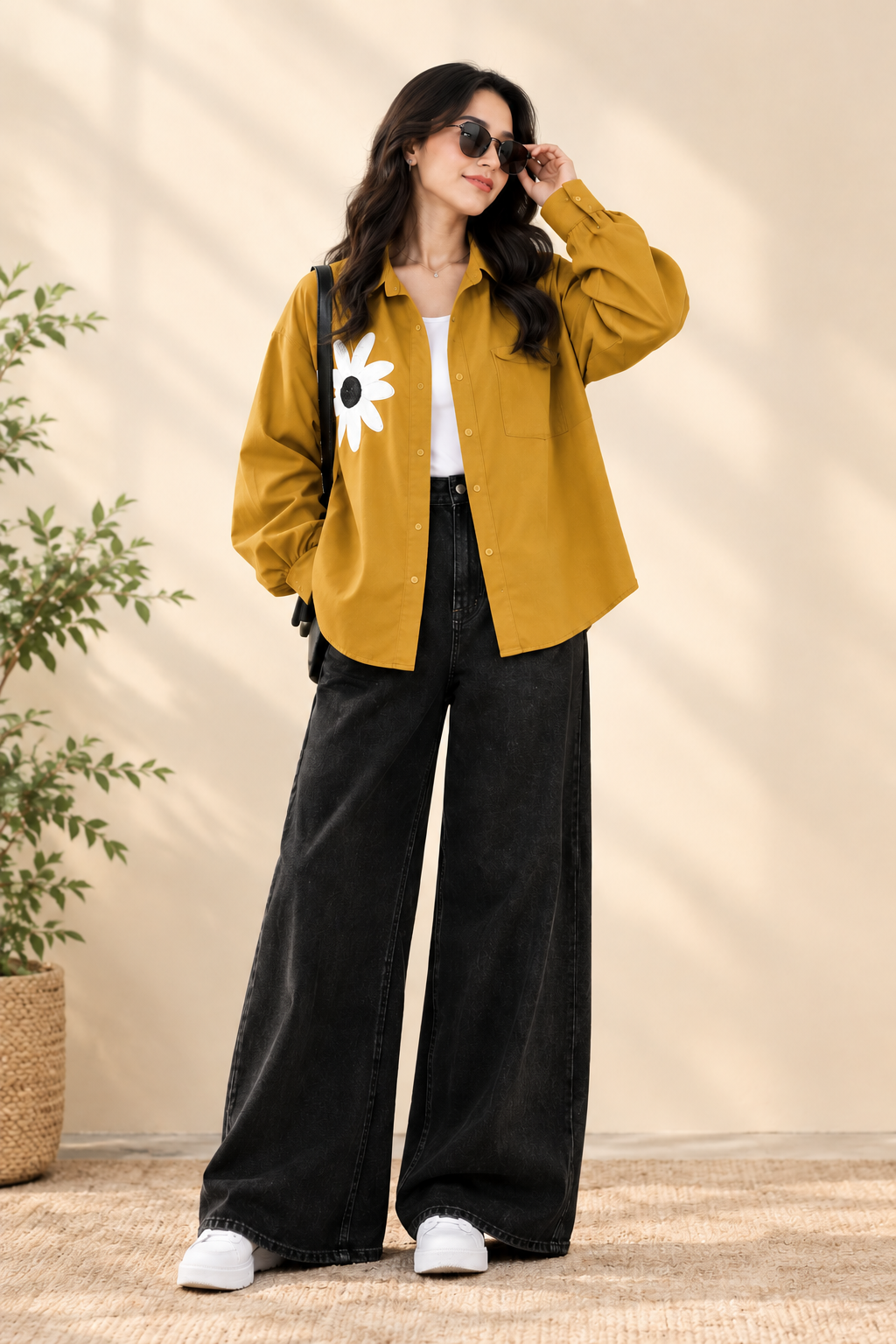 Women’s Trendy Oversized Embroidered Daisy Shirt – Stylish Casual Western Wear