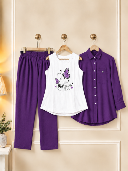 Girls Custom Name 3 Piece Dress Set – Personalized Shirt & Trouser Outfit