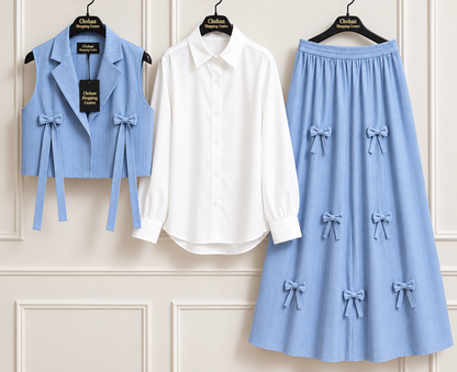 Girls Trendy Summer 3 Piece Co-Ord Set – Stylish Shirt & Midi Skirt Outfit for Casual & Daily Wear ✨