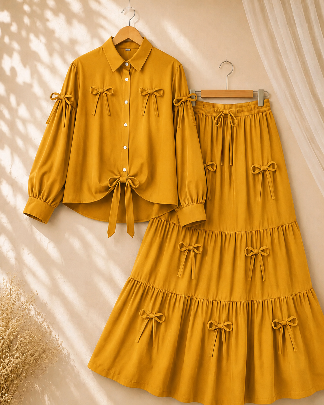 Trendy Girls Bow Detail 2-Piece Dress Set – Elegant Tiered Skirt Outfit