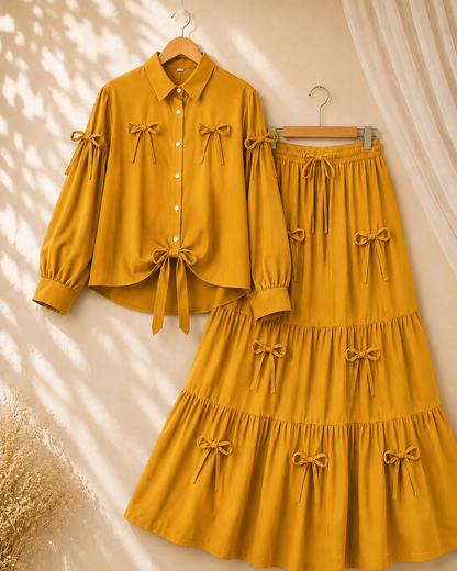 Trendy Girls Bow Detail 2-Piece Dress Set – Elegant Tiered Skirt Outfit