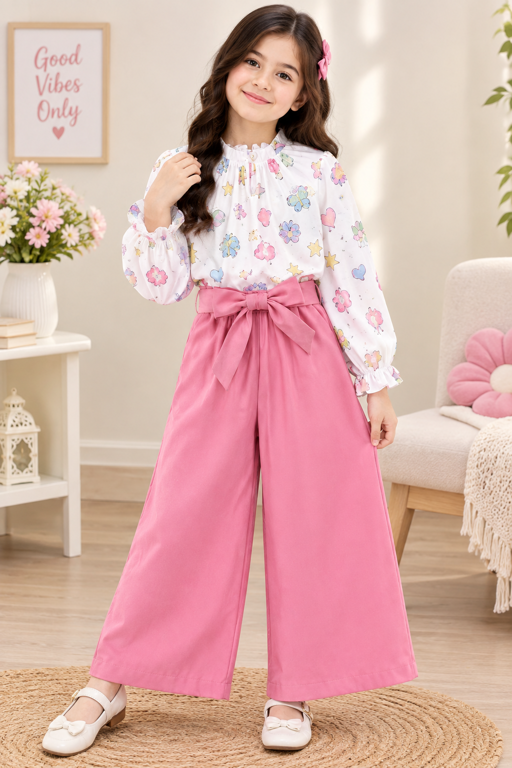 Girls Summer Printed Top & Bow Waist Wide-Leg Pants Set