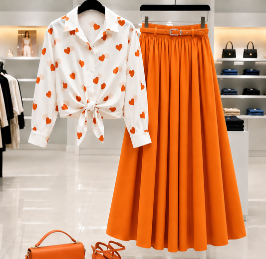 Trendy Heart Print Girls Co-Ord Set – Korean Style Button-Up Top & Flared Maxi Skirt