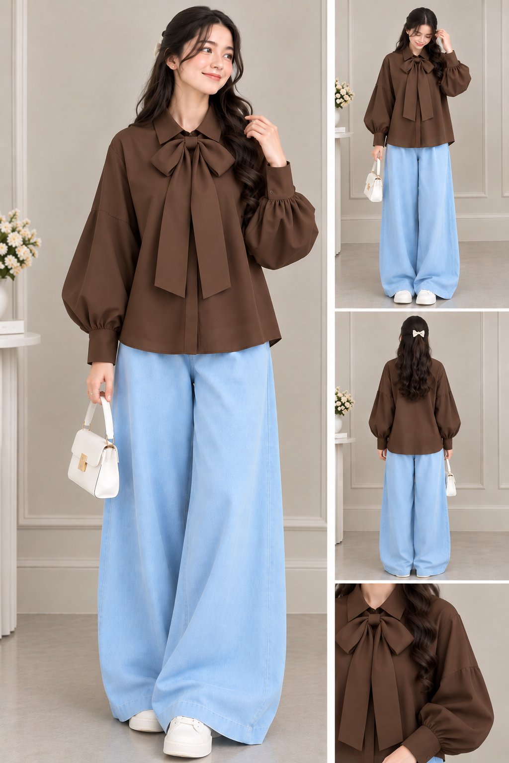 Girls Bow Detail Balloon Sleeve Blouse & Wide-Leg Pants Set