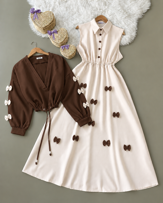 Girls 2 Piece Bow Maxi Dress with Cropped Jacket | Stylish Party & Casual Wear