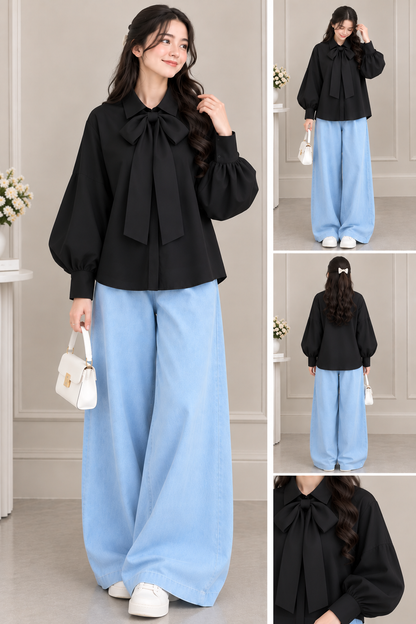 Girls Bow Detail Balloon Sleeve Blouse & Wide-Leg Pants Set