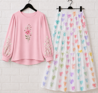 ✨ Trendy Floral Printed Skirt & Elegant Puff Sleeve Top Co-Ord Set for Girls