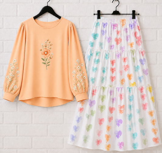 ✨ Trendy Floral Printed Skirt & Elegant Puff Sleeve Top Co-Ord Set for Girls