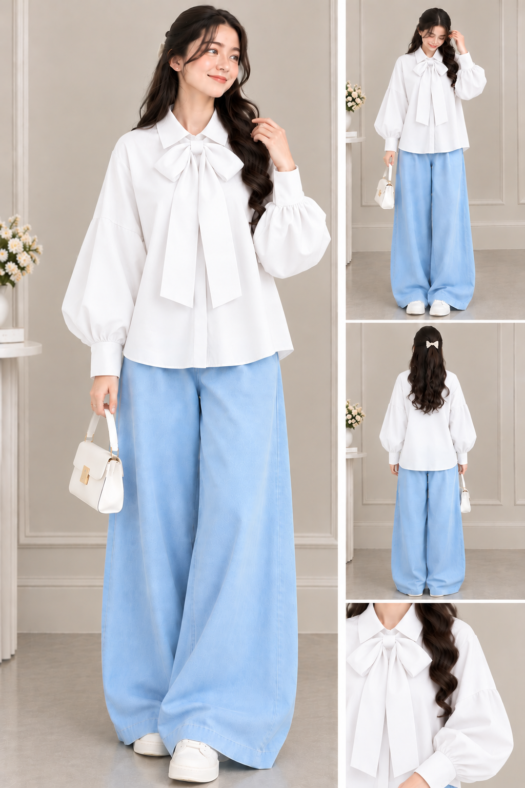 Girls Bow Detail Balloon Sleeve Blouse & Wide-Leg Pants Set