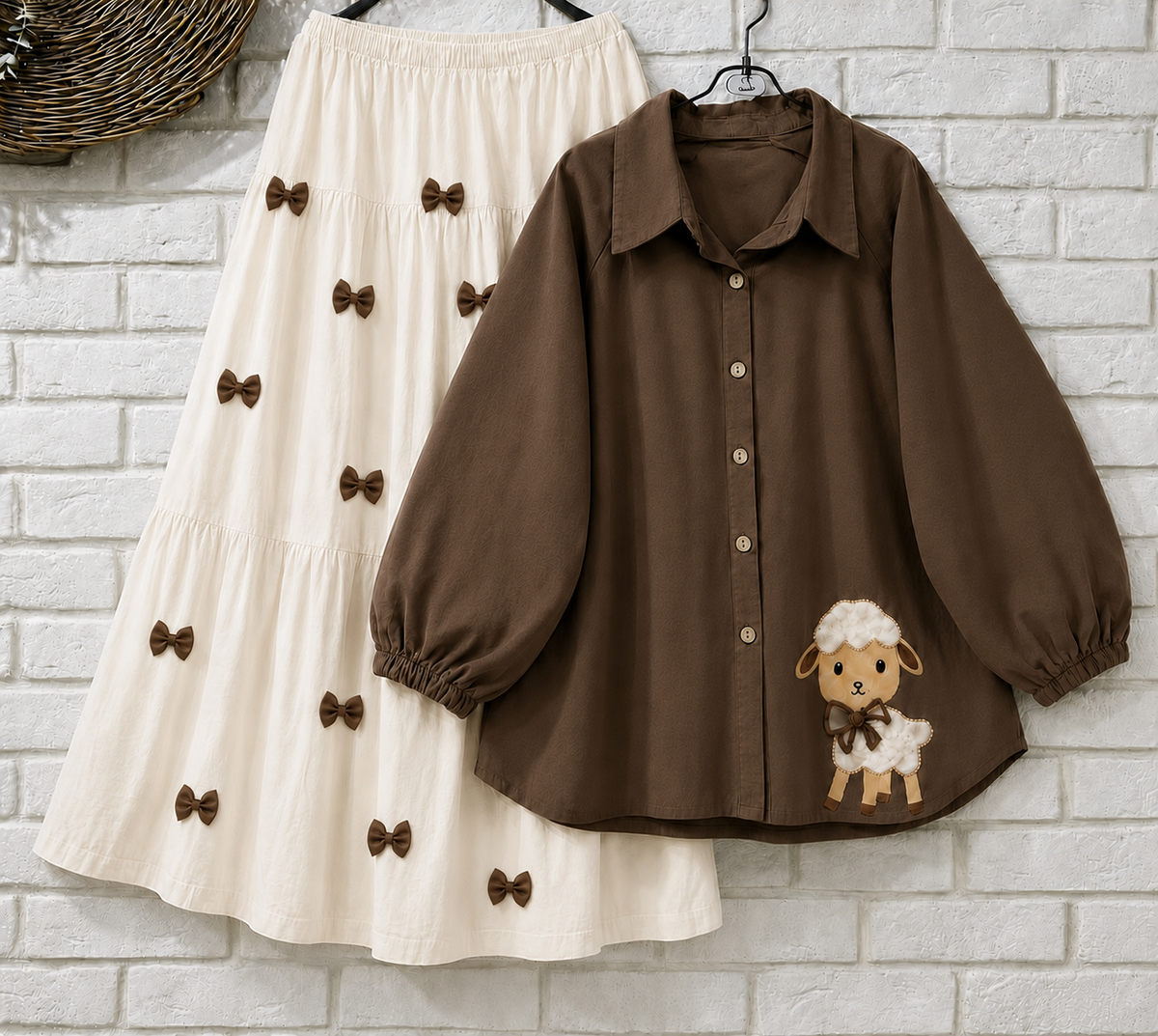 Trendy Girl’s Button Down Puff Sleeve Shirt – Cute Sheep Patch Casual Wear Skirt