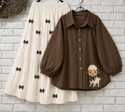 Trendy Girl’s Button Down Puff Sleeve Shirt – Cute Sheep Patch Casual Wear Skirt