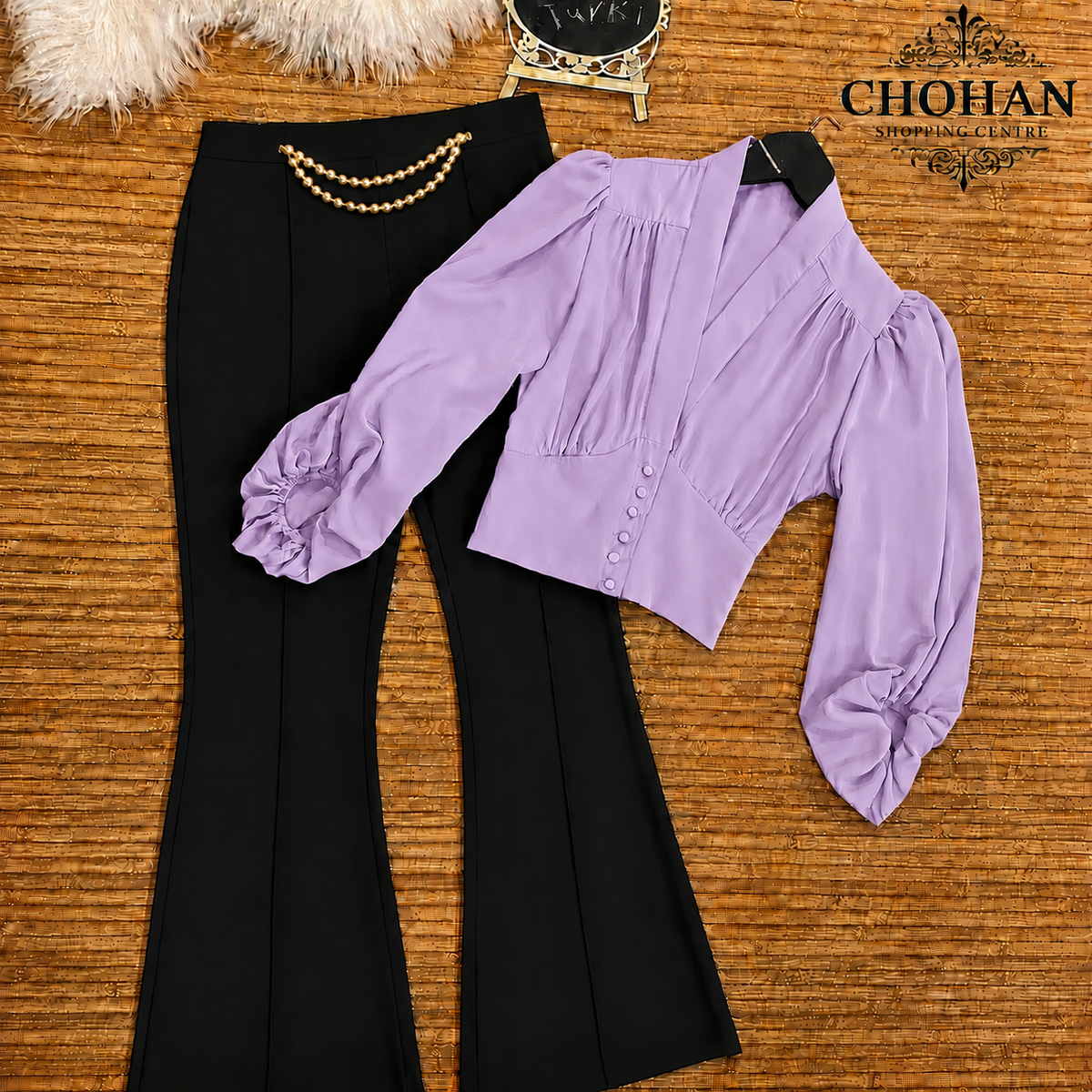 Trendy Puff Sleeve Button-Detail Flared Co-Ord Set for Girls