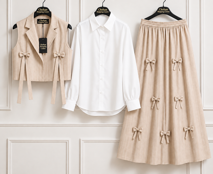 Girls Trendy Summer 3 Piece Co-Ord Set – Stylish Shirt & Midi Skirt Outfit for Casual & Daily Wear ✨