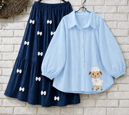 Trendy Girl’s Button Down Puff Sleeve Shirt – Cute Sheep Patch Casual Wear Skirt