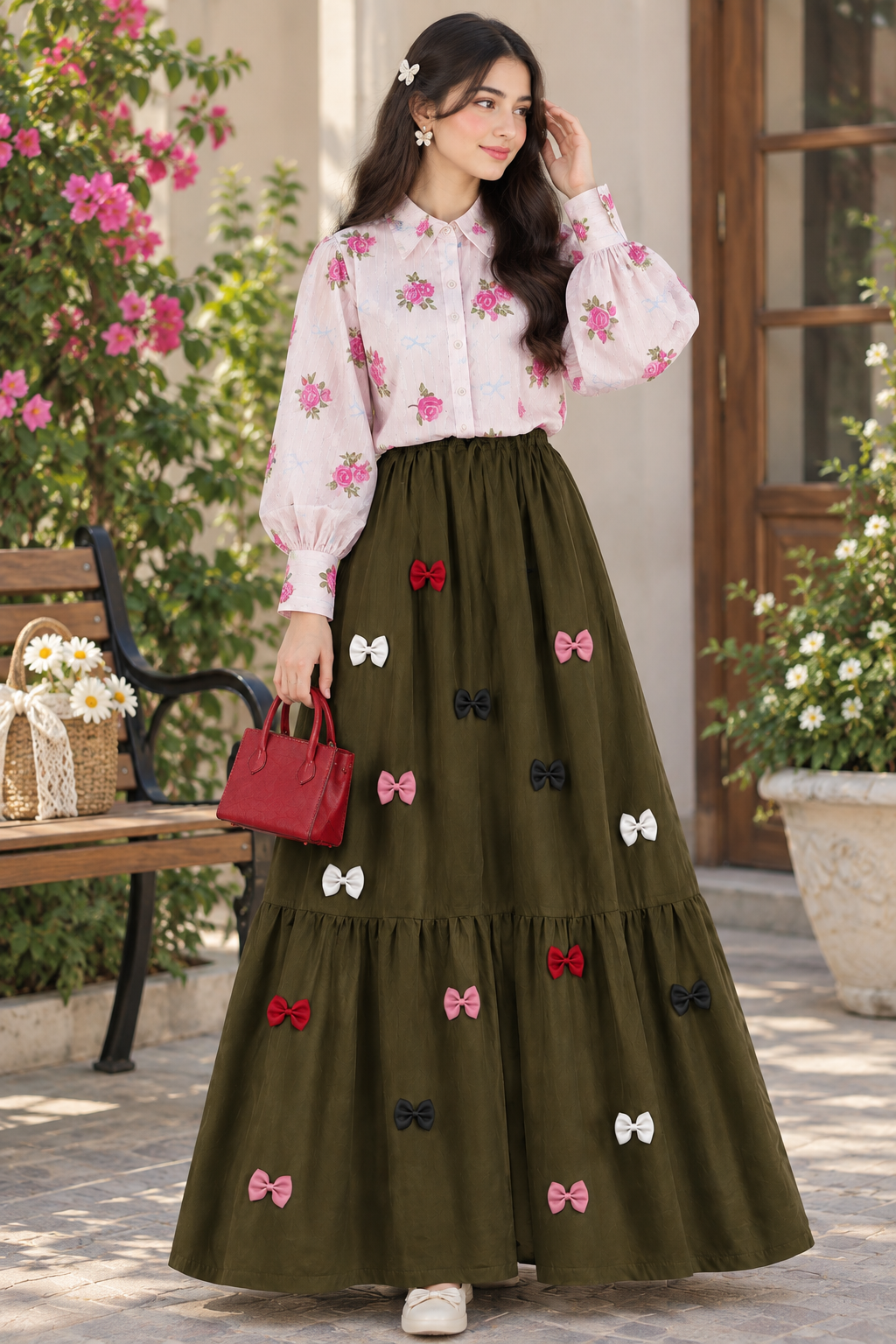 Girls Summer Floral Shirt with Bow Maxi Skirt Set – Fashionable 2 Piece Outfit for Girls
