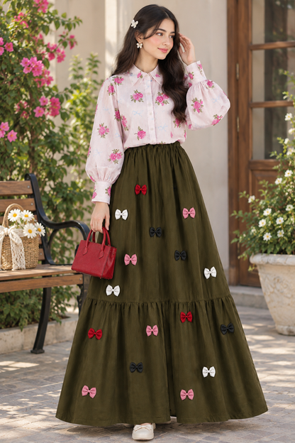 Girls Summer Floral Shirt with Bow Maxi Skirt Set – Fashionable 2 Piece Outfit for Girls