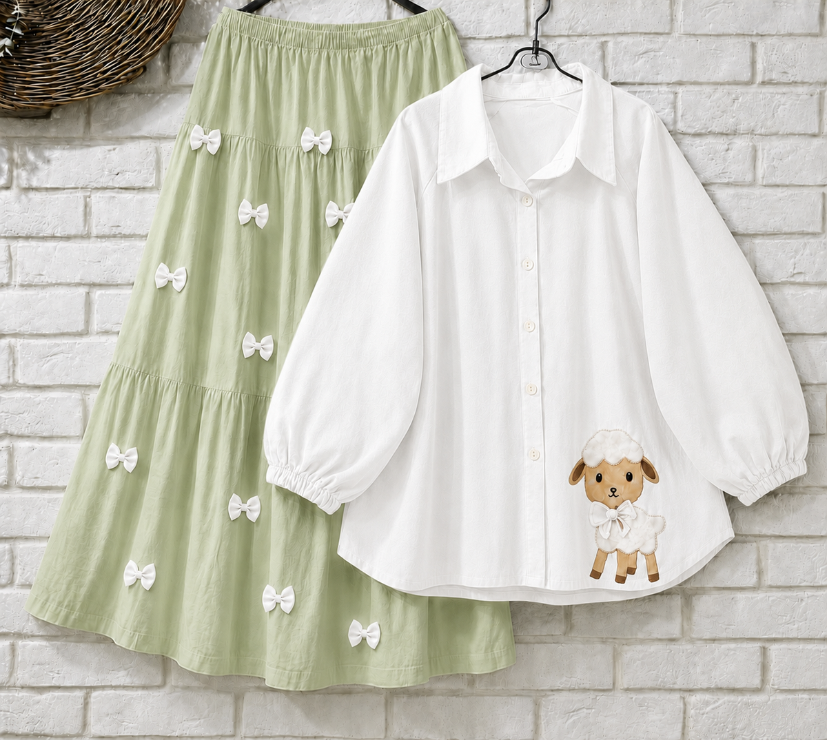 Trendy Girl’s Button Down Puff Sleeve Shirt – Cute Sheep Patch Casual Wear Skirt