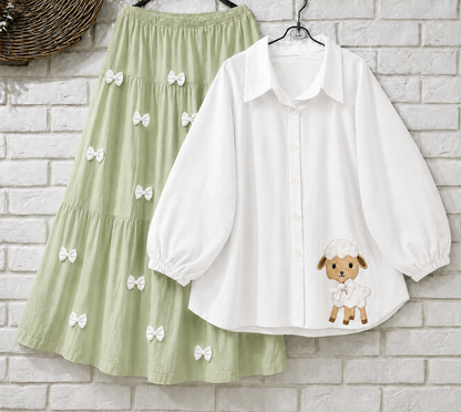 Trendy Girl’s Button Down Puff Sleeve Shirt – Cute Sheep Patch Casual Wear Skirt