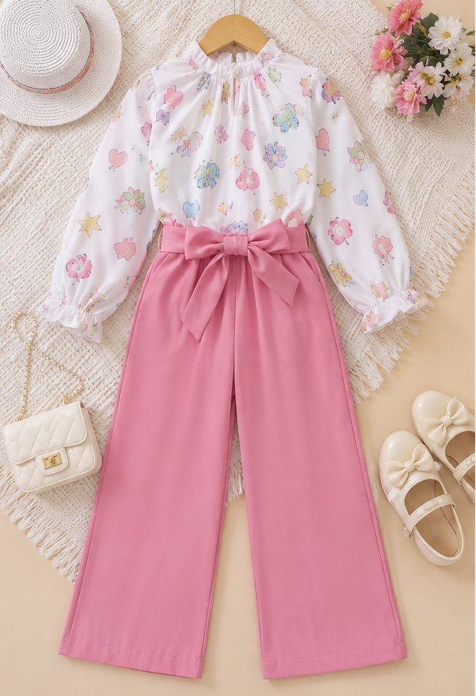 Girls Summer Printed Top & Bow Waist Wide-Leg Pants Set