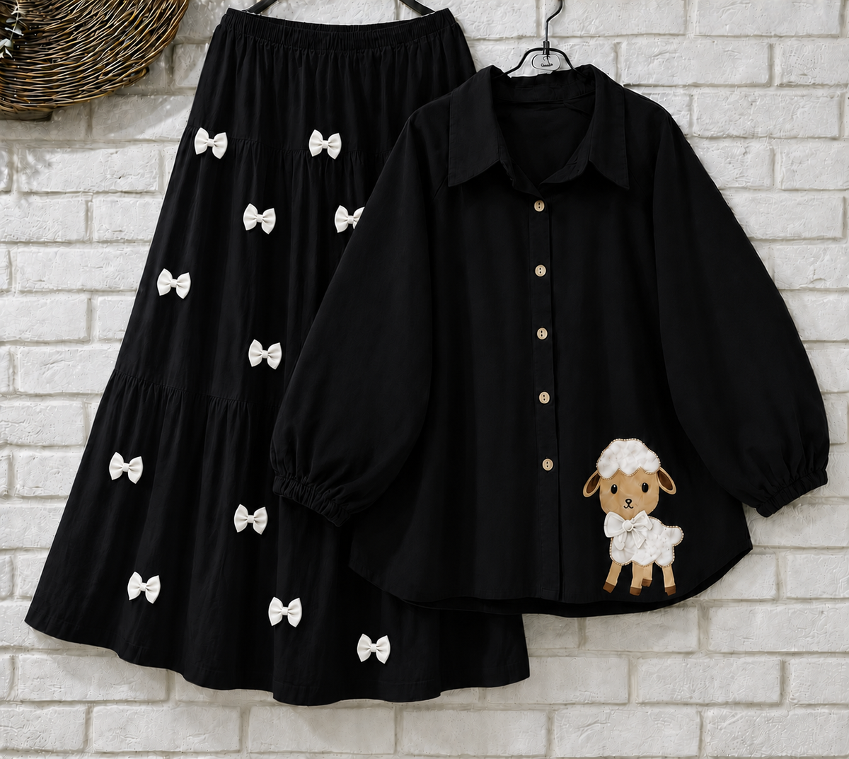 Trendy Girl’s Button Down Puff Sleeve Shirt – Cute Sheep Patch Casual Wear Skirt
