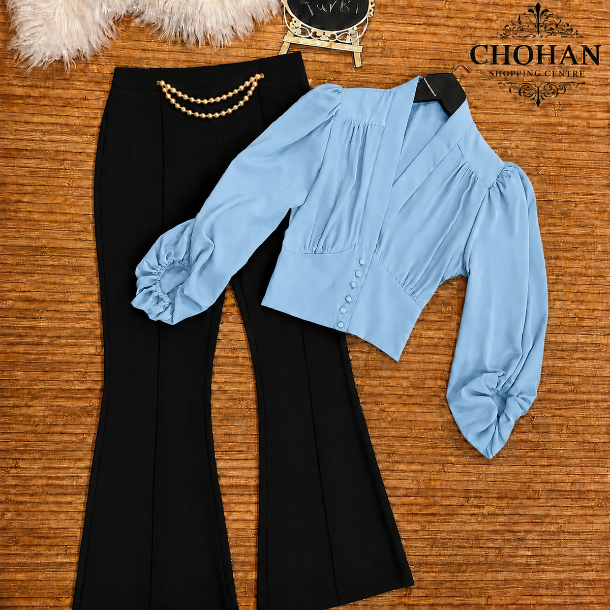 Trendy Puff Sleeve Button-Detail Flared Co-Ord Set for Girls