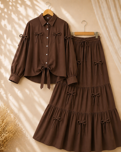 Trendy Girls Bow Detail 2-Piece Dress Set – Elegant Tiered Skirt Outfit