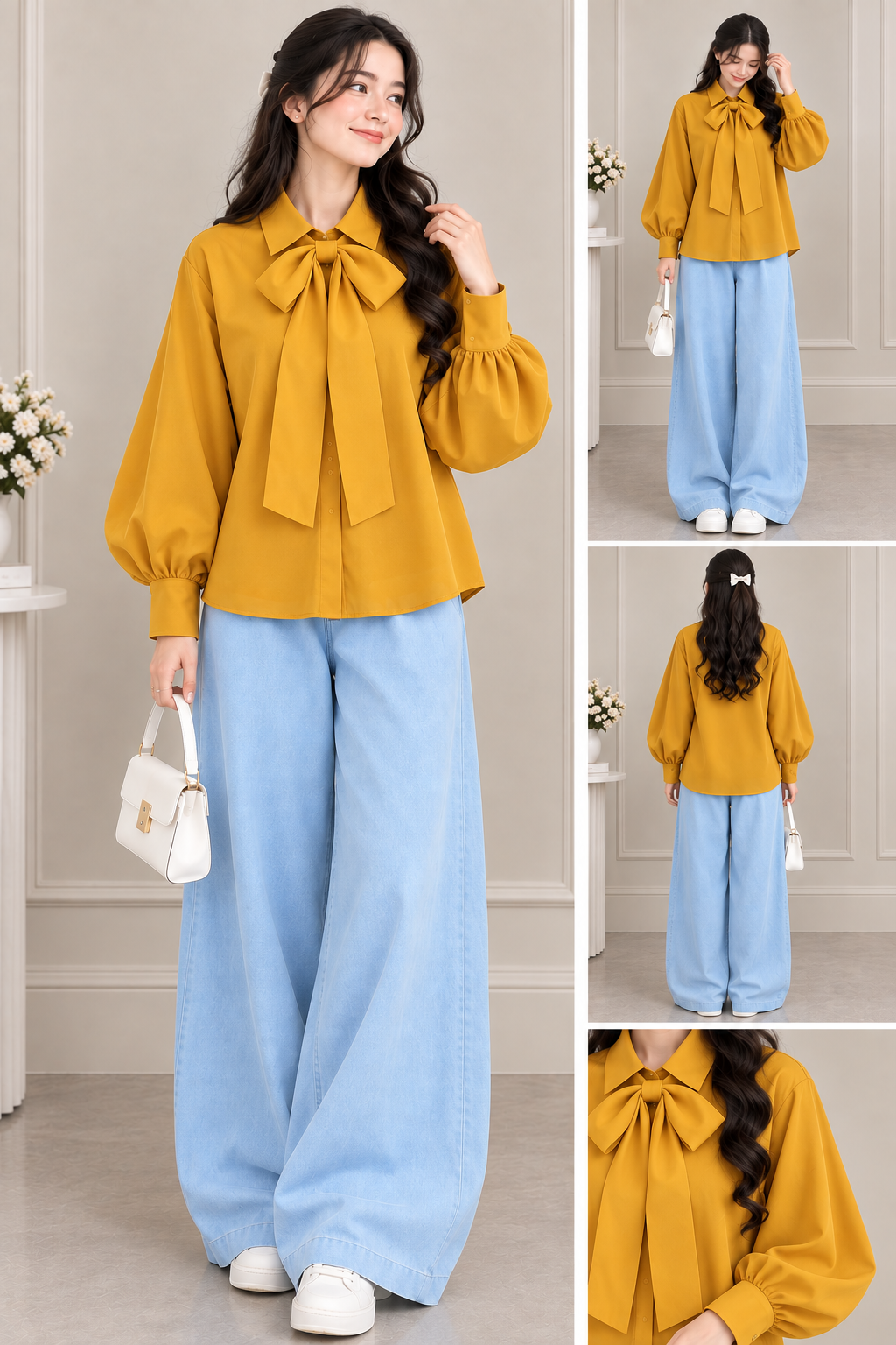 Girls Bow Detail Balloon Sleeve Blouse & Wide-Leg Pants Set