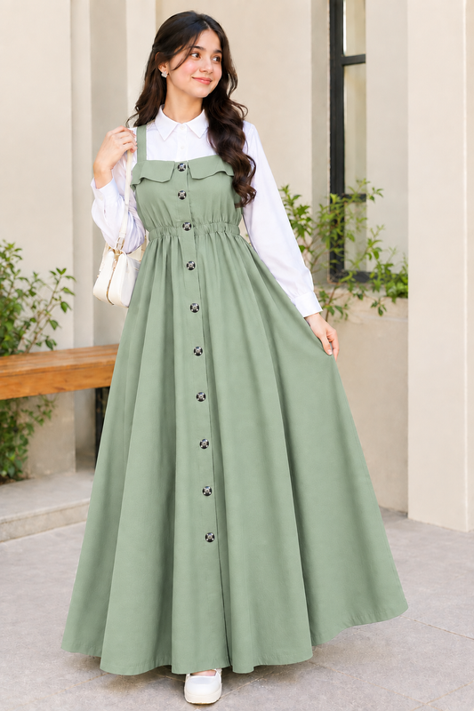 Women’s Stylish Pinafore Maxi Dress with White Shirt – Elegant Button-Down Casual Long Dress