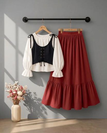 Kareena Shirt Skirt | Trendy Girls 2-Piece Outfit with Puff Sleeve Shirt & Flared Skirt ✨
