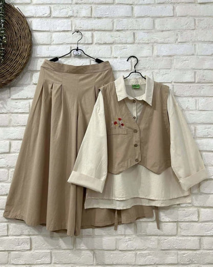 Trendy 3-Piece Skirt, Shirt & Waistcoat Set – Stylish & Elegant Outfit