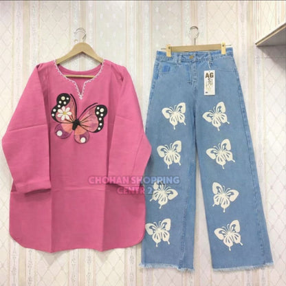 Beautiful Butterfly Top and Jeans Pants - Chohan Shopping Center