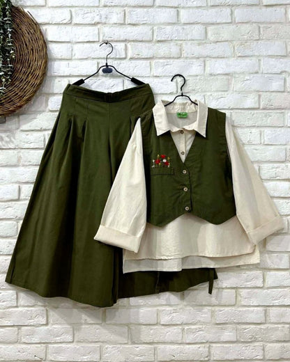 Trendy 3-Piece Skirt, Shirt & Waistcoat Set – Stylish & Elegant Outfit
