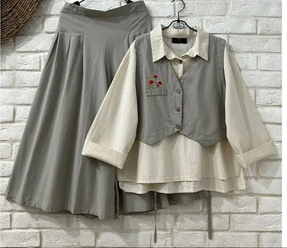 Trendy 3-Piece Skirt, Shirt & Waistcoat Set – Stylish & Elegant Outfit