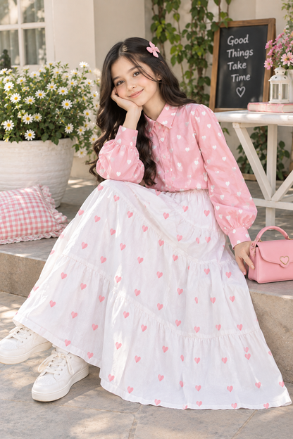 Korean Style Heart Print Co-Ord Set – Pink Shirt & White Maxi Skirt Summer Wear