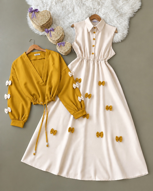 Girls 2 Piece Bow Maxi Dress with Cropped Jacket | Stylish Party & Casual Wear