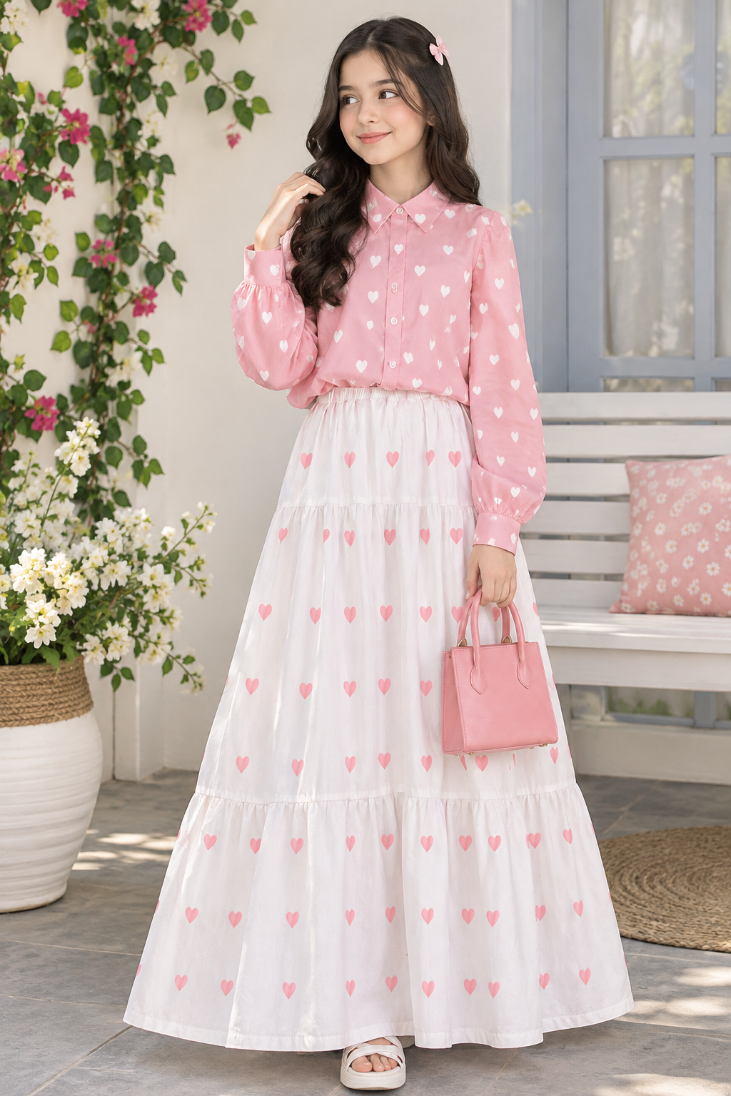 Korean Style Heart Print Co-Ord Set – Pink Shirt & White Maxi Skirt Summer Wear