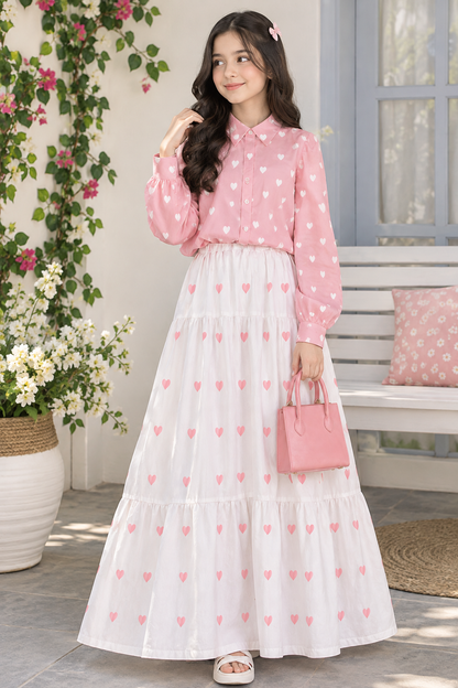 Korean Style Heart Print Co-Ord Set – Pink Shirt & White Maxi Skirt Summer Wear