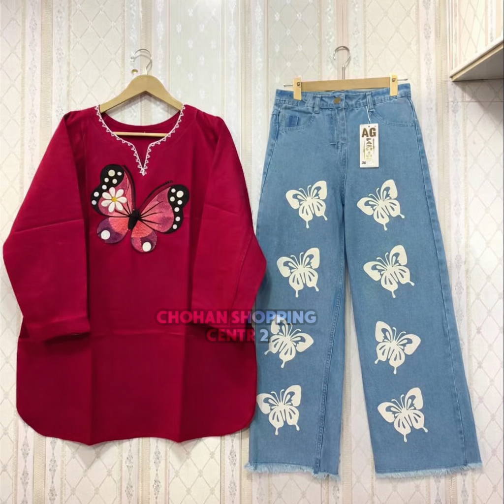 Beautiful Butterfly Top and Jeans Pants - Chohan Shopping Center