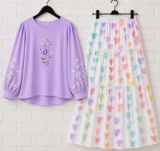 ✨ Trendy Floral Printed Skirt & Elegant Puff Sleeve Top Co-Ord Set for Girls