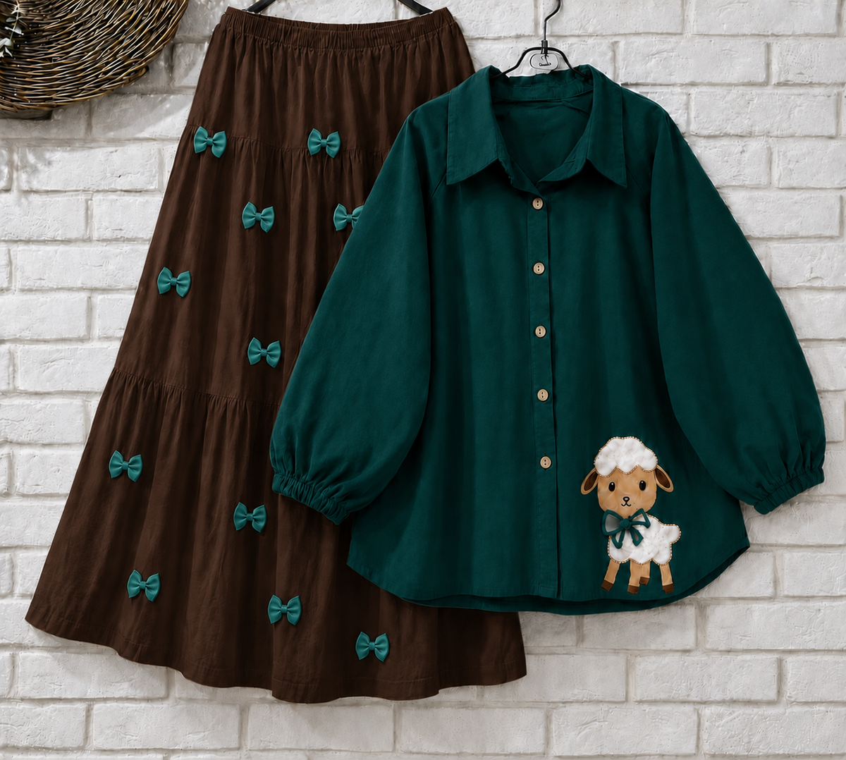 Trendy Girl’s Button Down Puff Sleeve Shirt – Cute Sheep Patch Casual Wear Skirt