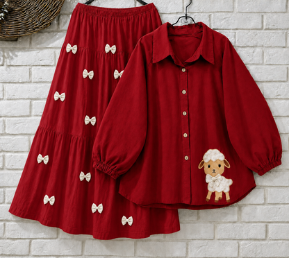Trendy Girl’s Button Down Puff Sleeve Shirt – Cute Sheep Patch Casual Wear Skirt