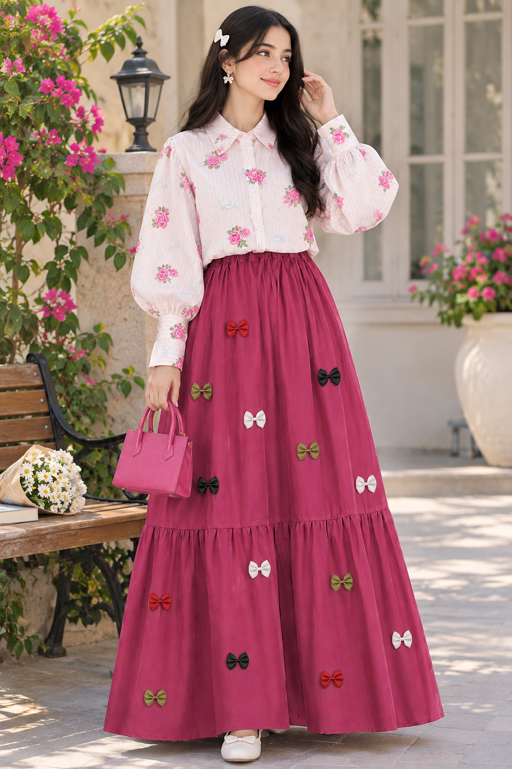 Girls Summer Floral Shirt with Bow Maxi Skirt Set – Fashionable 2 Piece Outfit for Girls