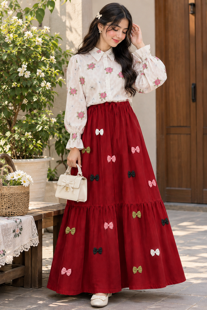 Girls Summer Floral Shirt with Bow Maxi Skirt Set – Fashionable 2 Piece Outfit for Girls