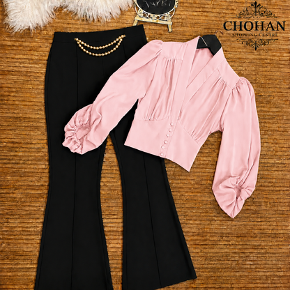 Trendy Puff Sleeve Button-Detail Flared Co-Ord Set for Girls