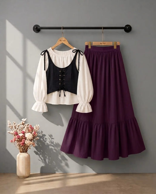 Kareena Shirt Skirt | Trendy Girls 2-Piece Outfit with Puff Sleeve Shirt & Flared Skirt ✨